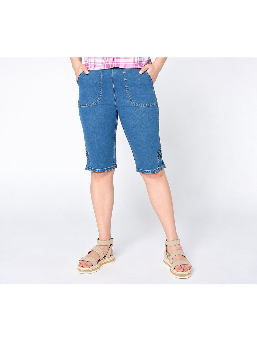 Denim & Co. Indigo Flat Front Bermuda Shorts w/ Hem Detail Medium Blue, Medium
